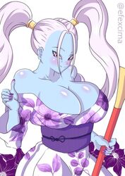 1girls angel_(dragon_ball) artist_name axlexcima bare_shoulders big_breasts blue_skin blush blushing blushing_at_viewer breasts cleavage clothed clothed_female clothes clothing dragon_ball dragon_ball_super female female_focus female_on_top female_only female_solo hair_over_eyes kimono large_breasts long_hair long_twintails looking_at_viewer looking_pleasured marcarita painted_nails pink_eyes purple_eyes purple_nail_polish purple_nails shiny shiny_breasts shiny_clothes shiny_hair shiny_skin shoulders solo solo_female solo_focus staff thumbs_up twintails watermark white_background white_hair