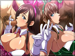 2girls black_hair breasts brown_hair bunny_suit censored clothed_female_nude_male dark-skinned_male dark_skin dead_or_alive hitomi_(doa) interracial kokoro_(doa) large_breasts long_hair penis raburebo text translation_request