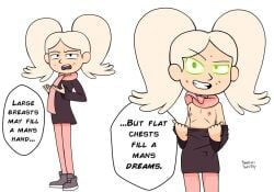 1girls artist_request comic female_only flat_chest hilda_(series) marra pulling_clothing text young