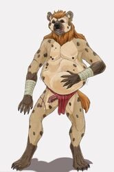 anthro clothing cum ear_piercing gnoll hyena licking licking_lips loincloth looking_at_viewer male mammal penis piercing post_vore saliva scar simple_background stomach_bulge strega tongue tongue_out vore