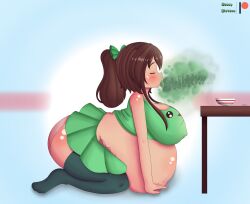 belly_overhang big_belly bloated_belly breasts breasts_bigger_than_head brown_hair burp burp_cloud burp_fetish burping burpy_chan fat fat_female fat_fetish fat_girl fatty female funlitogc gassychan_(artist) huge_belly leti morbidly_obese obese obese_female on_hands_and_knees overweight overweight_female panties upskirt