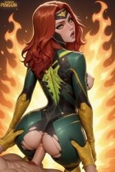 1girls ai_generated ass ass ass_grab bodysuit breasts_out doggy_style female fire from_behind fucked_from_behind gloves grabbing_ass green_eyes hips jean_grey long_hair looking_back marvel marvel_rivals narrow_waist nipples open_mouth orange_hair particles patreon_username penetration penguih phoenix_(marvel_rivals) phoenix_(x-men) pussy red_hair ripped_clothing simple_background smirk solo suit tight_clothing tight_suit torn_clothes vaginal_penetration vaginal_sex video_games x-men