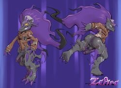 absurd_res anthro ass balls clothing generation_5_pokemon generation_8_pokemon genitals hi_res highlights_(coloring) hisuian_form hisuian_zoroark humanoid_genitalia humanoid_penis jacket male male/male mask nate_(zoroark) nintendo penis pokemon pokemon_(species) pose presenting presenting_hindquarters pushing_down_penis regional_form_(pokemon) saggy_balls solo topwear wearing_mask zafiro_rosso_(artist) zoroark
