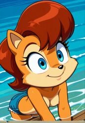 2025 acorn ai_generated beach_background belly black_dot_eyes blue_eyes_female breasts brown_hair_female closed_mouth closed_mouth_smile deviantart dic_entertainment female female_only meta mouth_closed no_eyebrows sally_acorn sega short_hair_female short_jeans sonic_(series) sonic_the_hedgehog_(satam) sonic_the_hedgehog_(series) tummy unknown_artist