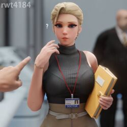 1:1 1girls 3d artist_name belt blizzard_entertainment blonde_hair blue_eyes blurry_background bracelet breasts female holding holding_object id_card indoors lanyard large_breasts mercy office_lady overwatch question_mark rwt4184 sleeveless sleeveless_shirt tagme