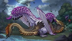 absurd_res anus bazelgeuse blood blush bodily_fluids capcom closed_eyes cowgirl_position detailed_background dragon duo elder_dragon european_mythology female female/female feral flying_wyvern from_front_position genital_fluids hi_res huge_thighs ibushi_(elder_dragon) kissing monster_hunter mythological_creature mythological_scalie mythology narwa_(elder_dragon) nosebleed on_bottom on_top plant raining samaroth scalie sex thick_thighs thunder tomush tree tribadism vaginal_fluids vaginal_penetration viper_tobi-kadachi western_dragon wyvern
