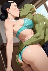 ai_generated ass_focus ass_grab big_breasts bra close-up debbie_grayson fat_ass goblin goblin_male green_skin hugging invincible kissing milf mother panties pointy_ears smaller_male tongue tongue_kiss troythekid