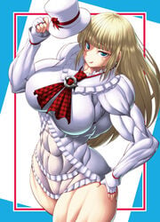 1girls :d abs bangs biceps blonde_hair blue_eyes blunt_bangs breasts cleavage emilie_de_rochefort extreme_muscles female fingerless_gloves gloves hat highres huge_breasts huge_thighs licking_lips long_hair looking_at_viewer muscle muscles muscular muscular_female muscular_legs namco navel no_panties purukogi_(plasma_beach) ribbon seductive_smile short_dress simple_background smile solo tekken thick_thighs thighs tongue tongue_out