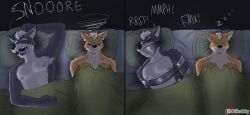 absurd_res angry annoyed anthro bed bedroom bodily_fluids bondage bondage bound canid canine canis duct_tape duct_tape_gag duo eye_injury fox fox_mccloud fur furniture gag gagged green_eyes grey_body grey_fur hair hi_res male mammal muffled nintendo nipples ollieotty open_mouth orange_body orange_fur red_eyes sleeping snoring star_fox struggling sweat tape tape_gag taped_mouth teeth wolf wolf_o'donnell