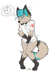 anthro anthro_only blue_hair bottomless canine clock clothed clothing earrings female female_focus female_only fox fox_ears fox_girl fox_humanoid fox_tail furry furry_female furry_only hair have_to_pee lexpads mammal nurse omorashi peeing potty_dance solo solo_female solo_focus standing standing_pee sweat t-shirt tail urination urine urine_drip urine_on_floor