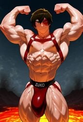 ai_generated avatar_the_last_airbender bara big_biceps big_pecs bodybuilder breasts fire fire_nation flexing flexing_arms flexing_bicep harness jockstrap male male_focus male_only muscles muscular muscular_arms muscular_chest muscular_legs muscular_male muscular_thighs nickelodeon obliques posing revealing_clothes showing_off volcano yaoi zuko