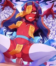 1boy 1girls black_hair breasts cowgirl_position cum_in_pussy cum_inside demon demon_girl demon_horns demon_tail devil devil_girl devil_horns devil_tail female jiangshi_costume male meru_(merunyaa) meruccubus_(merunyaa) merunyaa original original_character penis pussy red_skin succubus succubus_horns succubus_tail tagme talisman talisman_on_pussy talisman_pasties tits_out vaginal_sex yellow_eyes