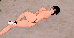beach bikini bikini_bottom black_bikini_bottom black_hair blue_eyes female kingdom_hearts koikatsu koikatsu_(medium) laying_down posing self_upload short_hair topless_female xion