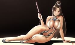 1girls big_breasts black_hair breasts brown_eyes cosplay crossover_cosplay eve_(stellar_blade)_(cosplay) fatal_fury female female_focus female_only finalcake folding_fan full_body human human_female human_only king_of_fighters light-skinned_female light_skin looking_at_viewer mai_shiranui on_side pixiv_link ponytail reclining see-through see-through_clothing smile snk solo solo_female stellar_blade thick_thighs thighs