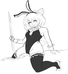1boy 1girls applesoda cowgirl_position cum cum_on_body doodle female female_domination handkerchief male playboy_bunny red_ribbon rumia smiling stripper_pole thick_thighs touhou