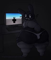 2025 anal_fluids anthro ass ball_bulge big_butt black_body black_fur bodily_fluids butt_digging clothing computer digging_into_butt distracting_watermark ear_piercing electronics english_description eyewear fur glasses grey_clothing grey_hoodie grey_legwear grey_thigh_highs grey_topwear hi_res hoodie lagomorph legwear leporid long_ears looking_back male mammal piercing pingpongballzie rabbit rear_view roblox round_glasses solo thick_thighs thigh_highs thong topwear umbra_(pingpongballzie) underwear watermark wearing_glasses white_clothing white_thong white_underwear