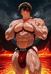 abs ai_generated ass avatar_the_last_airbender bara biceps big_ass big_biceps big_pecs breasts bubble_ass bubble_butt bulge chest fire fire_nation hand_on_breast hand_on_chest hands_on_chest hands_on_pecs harness jockstrap kodomolo kodoromo male male_focus male_only muscles muscular muscular_arms muscular_chest muscular_legs muscular_male muscular_thighs name_on_clothing obliques pec_grab pectorals posing showing_off smoke solo solo_focus solo_male squeezing underwear underwear_only volcano yaoi zuko