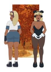 1girls ass blonde_female blonde_hair blonde_hair blowing_kiss bunny_ears bunnysuit cat_ear_headphones cat_ears ebony female full_color fully_clothed gloves looking_at_viewer looking_back looking_back_at_viewer nasty_byte no_sex original_character pink_eyes wink winking_at_viewer
