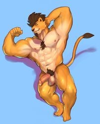 1boy anthro armpits balls blue_background erection feline flexing humanoid_penis iceman1984 lion male male_only mammal muscular muscular_armpits muscular_male nipples nude penis simple_background solo