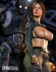 1girls 3d big_breasts breasts brown_hair female huge_breasts jyn_erso k-2so nipples pristinerenders robot star_wars