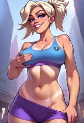 ai_generated blonde_hair looking_at_viewer looking_down mercy needmymommy overwatch shorts sports_bra