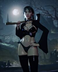 1girls 3d areola_slip areolae axe black_hair breasts female hand_on_hip hatchet panties pristinerenders solo the_addams_family wednesday_(netflix) wednesday_addams