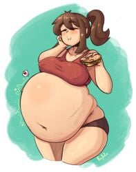 belly_overhang big_belly brown_hair burger eating_food fat fat_female fat_fetish fat_girl fatty female funlitogc gassychan_(artist) happy huge_belly morbidly_obese nipple_bulge nipples nipples_visible_through_clothing obese obese_female oc original_character overweight overweight_female