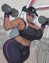 1girls big_breasts boku_no_hero_academia crop_top curvaceous curvy dark-skinned_female dark_skin female female_only gym huge_breasts large_breasts leggings long_hair midriff miruko muscular muscular_female my_hero_academia navel rabbit_ears rabbit_girl red_eyes solo sweat sweatdrop tank_top thick_thighs voluptuous white_hair wide_hips