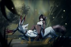 anthro antlers collar dragon horn mammal nature nude open_mouth penetration raccoon ratcha_(artist) sex wings