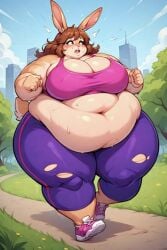 ai_generated belly_overhang breasts bunny fat female huge_belly huge_breasts jogging morbidly_obese obese obese_female rabbit sports_bra sweat thick_thighs torn_clothes wide_hips