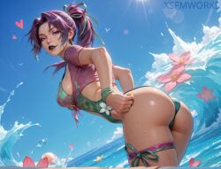 ai_generated arched_back ass back bangs beach bent_over bikini bikini_under_clothes bird black_ribbon blue_eyes blue_sky blush breasts butterfly cloud cloudy_sky cowboy_shot day dolphin dutch_angle female fish floral_print flower from_behind from_side front-tie_bikini front-tie_top gradient_hair green_bikini green_ribbons hair_ornament hair_ribbon heart hibiscus jewelry large_breasts layered_bikini leaning_forward lens_flare lips long_hair looking_at_viewer looking_back looking_to_the_side marvel marvel_rivals medium_breasts medium_hair ocean open_mouth outdoors parted_bangs parted_lips partially_submerged petals pink_ribbon ponytail psylocke psylocke_(breezy_butterfly) psylocke_(marvel_rivals) purple_hair ribbon shiny shiny_hair shiny_skin shirt short_hair short_ponytail short_sleeves side-tie_bikini sideboob sky smile solo sparkle standing sunlight swimsuit teeth thigh_ribbon thigh_strap wading water water_drop wet xsfmworks yellow_ribbon
