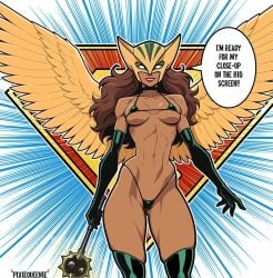 1girls :) alien alien_girl arm_gloves bikini bird_wings brown_hair choker dark-skinned_female dark_skin dc dc_comics english_text gloves hawkgirl helmet hourglass_figure isabela_merced kendra_saunders latina lipstick long_hair looking_at_viewer micro_bikini navel pixiequeenie pupilless_eyes skimpy skindentation slim_waist solo speech_bubble superman_(2025) superman_(series) superman_logo thick_thighs thigh_boots thighhighs thong toned toned_female watermark wide_hips wings