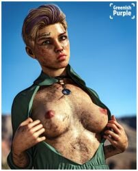 1girls 3d blonde_hair breasts dirt dirty female flashing_breasts greenish_purple nipples nose_ring short_hair solo