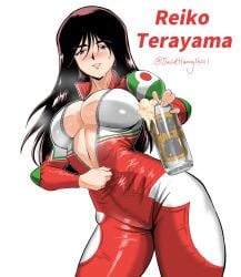 1girls artist_name beer beer_can big_breasts biker_girl black_hair bodysuit breasts busty curvy davidhuang36221 female golden_boy hips leather_bodysuit leather_outfit light_skin light_skinned_female reiko_terayama unzipped_bodysuit white_background