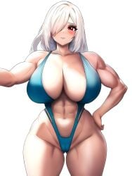 big_breasts big_thighs bikini blue_bikini chorquistudios horny horny_female huge_breasts looking_at_viewer looking_pleasured milf muscular_arms muscular_female muscular_legs muscular_thighs muscular_torso musuclar red_eyes swimsuit white_hair