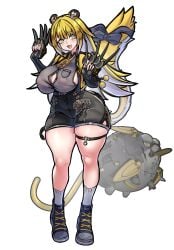 :3 :d alternate_body_type alternate_breast_size blush breasts claw_gloves covered_erect_nipples curvy cute fang female full_body huge_breasts ju_fufu mold001 thick_thighs thiren voluptuous wide_hips zenless_zone_zero