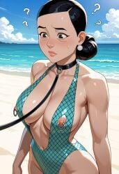 ai_generated beach big_breasts cleavage collar debbie_grayson invincible leash milf mother nipple_piercing nipples question_mark seaside sideboob swimsuit troythekid walking wide_hips