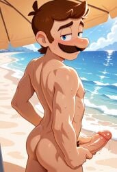 1boy ai_generated ass beach beach_umbrella big_penis blue_eyes brown_hair erection facial_hair genitals grabbing_penis hand_on_penis large_penis light-skinned_male light_skin looking_at_viewer luigi male male_only mario_(series) mature mature_male moustache nintendo nude nude_male ocean outdoors penis pubic_hair solo solo_focus solo_male sweat sweating thick_penis umbrella water