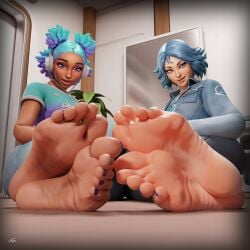 2girls feet foot_fetish fortnite kenaga kenuwu lightrider_(fortnite) synthwave_(fortnite) tagme