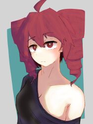 black_shirt blush blush breasts cleavage kasane_teto looking_at_viewer red_eyes red_hair reflective_body shaded shadow shirt shirt_down shoulders_exposed sunlight wasanpon_ama