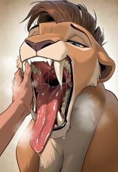 ai_generated amani_the_shaman black blue_eyes faceless_male feline female human_hand inspection lioness lips looking_at_partner male male_hand mawshot saberteeth sabertooth saliva sharp_teeth steamy_breath tongue_out