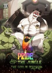 absurd_res accessory anthro areola barazoku biped cock_ring cover demon desfrog doujin_cover english_text eyebrows feathered_wings feathers felid genitals goblin hi_res horn humanoid humanoid_genitalia humanoid_penis jewelry lion male male_only mammal mane muscular muscular_anthro muscular_humanoid muscular_male nipple_piercing nipple_ring nipples open_mouth open_smile pantherine penis penis_accessory penis_jewelry piercing ring_piercing smile spiked_cock_ring spikes text vein veiny_penis wings
