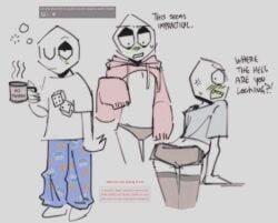angry battat_(deltarune) clothed clothed_male clothing cookie cookie_monster cookies deltarune deltarune_chapter_3 deltarune_chapter_4 femboy gay green_body male mike_(deltarune) pajamas pippins_(deltarune) pippins_kin sesame_street small_mike_(deltarune) tagme tired various_poses very_gay white_body