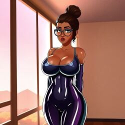 1girls ai_generated arcane arm_gloves bare_shoulders breasts breasts brown_hair brown_skin cleavage female female female_focus female_only gloves indoors latex latex_bodysuit latex_clothing latex_suit league_of_legends looking_at_viewer short_hair sky_young solo solo_female solo_focus window