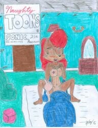 1boy 1girls 2016 bed bedroom big_breasts blue_fur blush breasts brown_fur closed_eyes cowgirl_position hand_on_thigh nipples nude on_top open_mouth red_hair sally_acorn sex shrekrulez sonic_(series) sonic_team sonic_the_hedgehog spread_legs tagme tan_fur