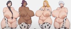 4girls ai_assisted ai_generated ass big_ass big_belly big_breasts big_butt big_nipples black_eyes bleach bleach:_the_thousand-year_blood_war breast_squish breasts breasts_bigger_than_head chubby collar cow_girl cow_print cow_print_armwear cow_print_thighhighs cowbell dark-skinned_female dark_skin dat_ass daulawkins elbow_gloves fat_ass female female_only foursome group huge_ass huge_breasts kotetsu_isane large_breasts leash light-skinned_female light_skin matsumoto_rangiku milf mommy nipples pussy round_ass sagging_breasts shihouin_yoruichi short_hair stable_diffusion teacher_and_student thick thick_thighs thighhighs thighs tummy unohana_retsu voluptuous