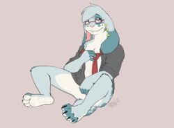 anthro bottomless buckteeth clothed clothing eyewear featureless_crotch flat_colors glasses kaptcha lagomorph male_only mammal necktie open_clothes open_shirt rabbit redraw shirt signature sitting spread_legs spreading tacghibun teeth