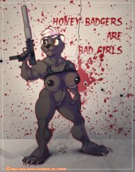 2016 4_toes amber_eyes anthro black_nipples black_nose bottomless breasts claws clothed clothing english_text female gun hair hi_res honey_badger looking_away mac-10 mammal muscular muscular_female mustelid nipples pose pussy ranged_weapon solo spotty_the_cheetah standing submachine_gun text toe_claws toes weapon white_hair