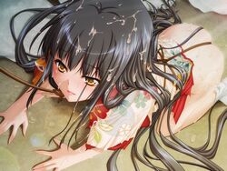 anim_(company) arm_support ass between_buttocks black_hair bondage bukkake cum cum_covered cum_on_clothes cum_on_hair cum_on_lower_body cum_on_upper_body cum_pool female game_cg japanese_clothes kiryuu_sakuya_(niehime) kneeling leash long_hair niehime_-sengoku_kanraku_emaki- open_mouth rope socks solo sunbeam teeta_j traditional_clothes white_socks yellow_eyes