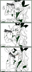 1boy anchovy blush comic cum cum_in_mouth drill_hair fellatio female girls_und_panzer greyscale male military_uniform monochrome oral penis ribbon spot_color uniform upper_body white_background